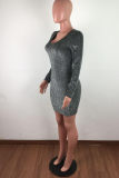 Grey Sexy Solid Hollowed Out V Neck Wrapped Skirt Dresses
