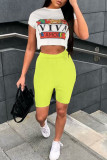White Green Fashion Casual Letter Print Basic O Neck Short Sleeve Two Pieces