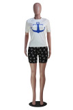 Blue Fashion Casual Print Basic O Neck Short Sleeve Two Pieces