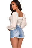 White V Neck Long Sleeve Patchwork crop top Solid
