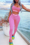 Pink Casual Sportswear Letter Print Basic One Shoulder Sleeveless Two Pieces
