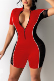 Red Fashion Casual Patchwork See-through Zipper Collar Skinny Romper