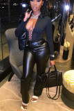 Black Sexy Solid Hollowed Out Turndown Collar Tops