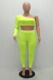 Fluorescent green Polyester Sexy Fashion asymmetrical Solid Fluorescent Slim fit Two Piece Suits Skinny Sleeveless Tw