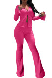 Pink Polyester Elastic Fly Long Sleeve Mid Solid Loose Pants Bottoms