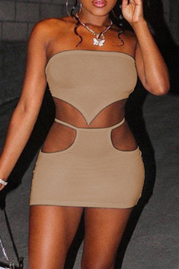 Khaki Sexy Solid Patchwork Off the Shoulder Sleeveless Two Pieces