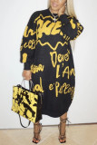 Black yellow Polyester Spandex Air Layer Fabric Letter Print Letter Basic O Neck Long Sleeve Mid Calf Straight Dresses