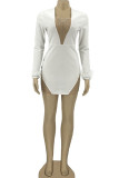 White Sexy Solid Patchwork See-through Hot Drill Square Collar Pencil Skirt Dresses