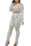 Light Gray Fashion Active adult Ma'am Patchwork Solid Hole Two Piece Suits pencil Long Sleeve Two Pieces