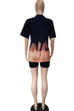 Black Casual Print Straight Short Sleeve Two Pieces