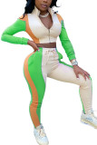 Green Fashion Casual Adult Polyester Patchwork Solid Split Joint O Neck Long Sleeve Regular Sleeve Regular Two Pieces