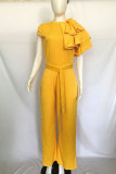 Yellow Solid zipper Patchwork Polyester Short Sleeve O Neck Jumpsuits