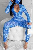 Blue Sexy Print Tie-dye O Neck Regular Jumpsuits