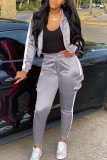 Grey Fashion Sexy Adult Polyester Solid Split Joint Turndown Collar Long Sleeve Regular Sleeve Regular Two Pieces