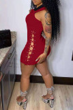 Orange Fashion Sexy Solid Hollowed Out Turndown Collar Sleeveless Dress