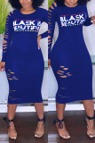 Dark Blue Fashion Casual Letter Print Ripped O Neck Long Sleeve Dress