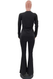 Black Polyester Elastic Fly Long Sleeve Mid Solid Loose Pants Bottoms
