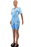 Blue Polyester Fashion Casual adult Ma'am Patchwork Print Tie Dye Two Piece Suits Straight Short Sleeve Two Pieces