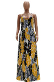 Yellow Cotton Fashion Casual adult Red Blue Yellow Spaghetti Strap Sleeveless V Neck Swagger Floor-Length Print Patchwork Dresses