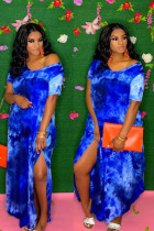 Blue Casual Short Sleeves V Neck Straight Ankle-Length Print Tie and dye Dresses