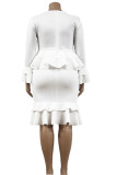 White Fashion Twilled Satin Solid Patchwork Flounce O Neck Pencil Skirt Plus Size 