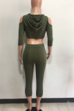 Ink Green Sportswear Solid Ripped Hooded Collar Three Quarter Two Pieces