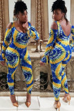Blue Fashion Sexy Print Polyester Long Sleeve O Neck Jumpsuits