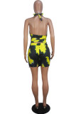 Yellow Fashion Sexy Patchwork Backless Print Polyester Sleeveless V Neck Rompers