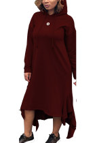 Wine Red Sexy Fashion Cap Sleeve Long Sleeves Hooded Asymmetrical Ankle-Length Patchwork Long Sleeve Dresses