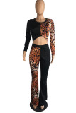 Black Sexy Leopard Patchwork O Neck Long Sleeve Two Pieces