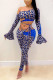 Blue Sexy Print Patchwork Flounce Oblique Collar Long Sleeve Two Pieces