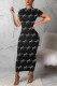 Black Fashion Casual Print Basic O Neck Short Sleeve Dress Dresses