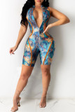 Blue Fashion Casual Print Basic Zipper Collar Regular Rompers
