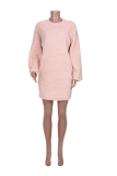 Pink Casual Solid Patchwork O Neck Straight Dresses