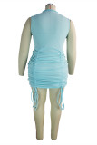 Blue Fashion Casual Plus Size Solid Fold O Neck Sleeveless Dress