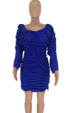 Navy Blue Sexy Bubble sleeves Long Sleeves V Neck Asymmetrical Knee-Length asymmetrical Solid Patchw