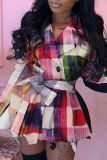 Red Sexy Patchwork With Belt Turndown Collar Irregular Dress Dresses