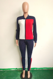 Green Casual Color Block Patchwork Zipper Collar Long Sleeve Two Pieces