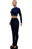 Blue Fashion Sexy Flocking Solid Fold V Neck Long Sleeve Regular Sleeve Short Two Pieces