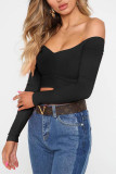 White Red Black Blue Pink Orange One word collar Long Sleeve Solid Tops