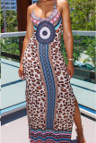 Blue Polyester Fashion Sexy Spaghetti Strap Sleeveless Slip Step Skirt Floor-Length Leopard macrame split
