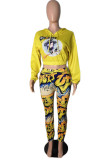 Yellow Casual Twilled Satin Print O Neck Long Sleeve Regular Sleeve Short Two Pieces