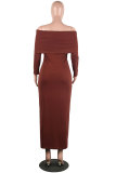 Brown Sexy Off The Shoulder Long Sleeves One word collar Slim Dress Ankle-Length 