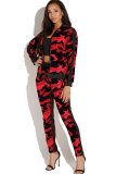 White Polyester Elastic Fly Long Sleeve Mid Zippered Print Patchwork Straight Pants Two-piece suit
