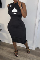 Black Sexy Sleeveless Turtleneck Step Skirt Knee-Length Print Dresses