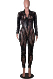 Silver Solid Ripped Hollowed Out See-through O Neck Regular Jumpsuits
