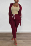 Wine Red Fashion Casual Solid Slit Turtleneck Long Sleeve Two Pieces