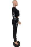 Black Casual Print Patchwork Beading O Neck Long Sleeve Two Pieces