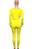 Yellow Polyester Active Europe and America Street Solid Skinny Long Sleeve Two Pieces