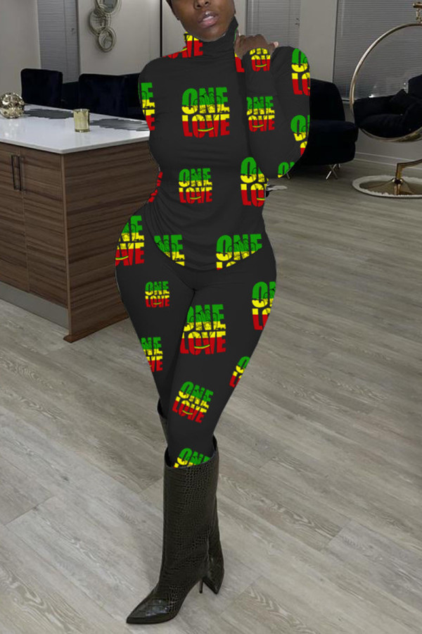 Multicolor Living Print Patchwork Turtleneck Long Sleeve Two Pieces